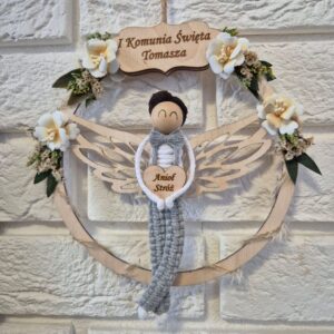 Anioł Stróż w kole z dedykacją – personalizowana pamiątka na Komunię Świętą dla chłopca