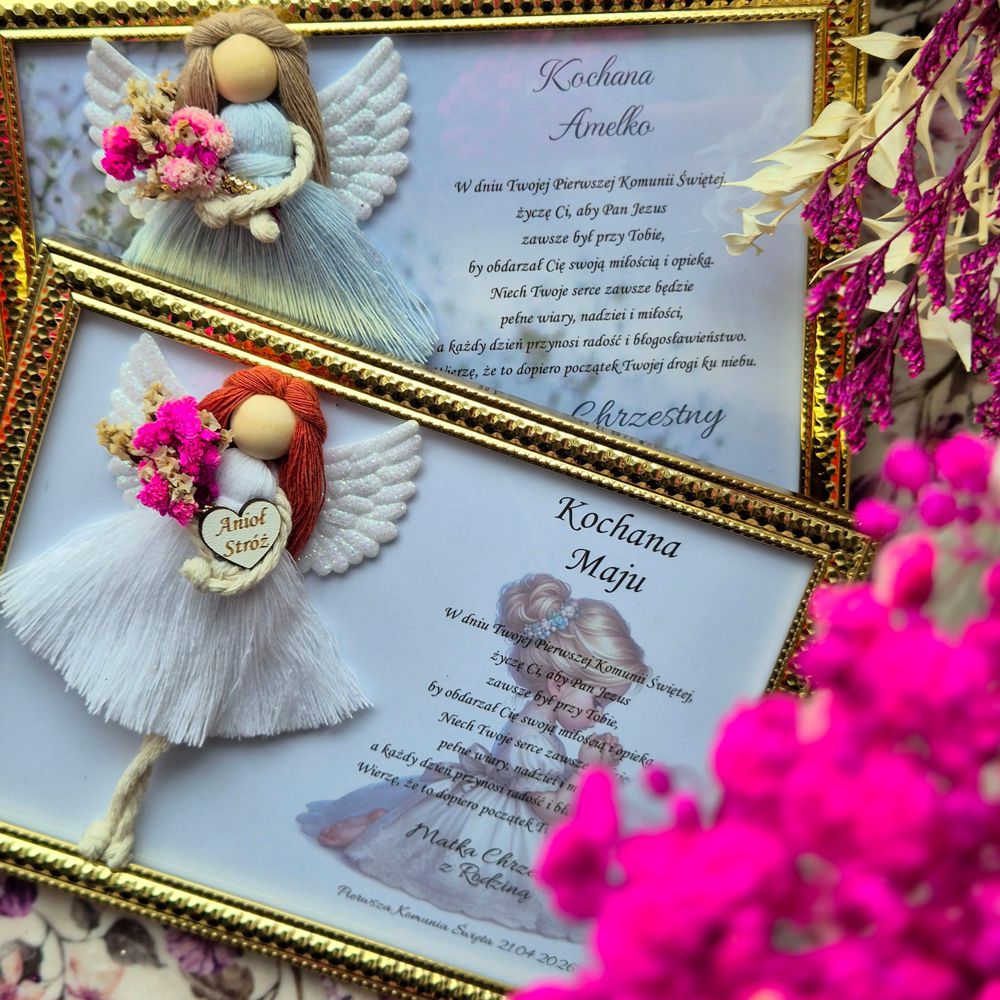 Aniołek na Komunię Świętą w złotej ramce - prezent z personalizacją