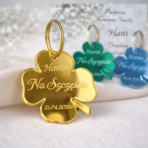 Brelok koniczynka na szczęście z imieniem – podziękowanie Komunia