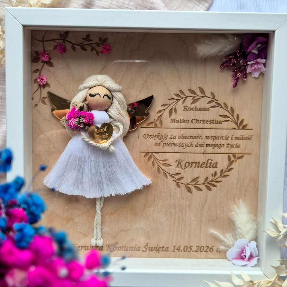 Anioł Stróż w ramce 3D – podziękowanie dla chrzestnych od dziewczynki Komunia