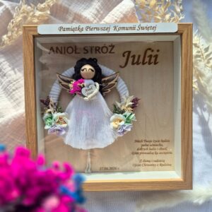 Anioł Stróż na kole w ramce 3D z życzeniami – pamiątka na Komunię Świętą dla dziewczynki