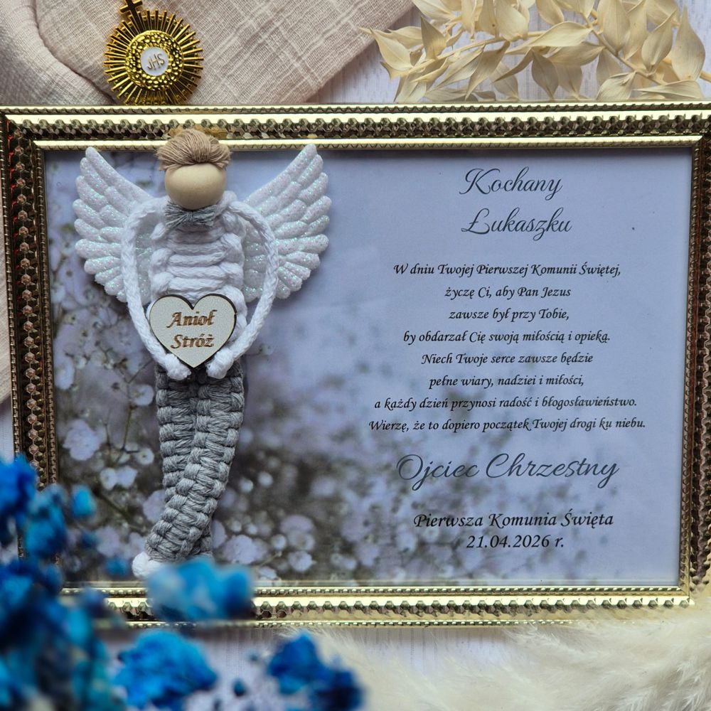 Anioł Stróż w złotej ramce – pamiątka na Komunię Świętą dla chłopca - obrazek 3