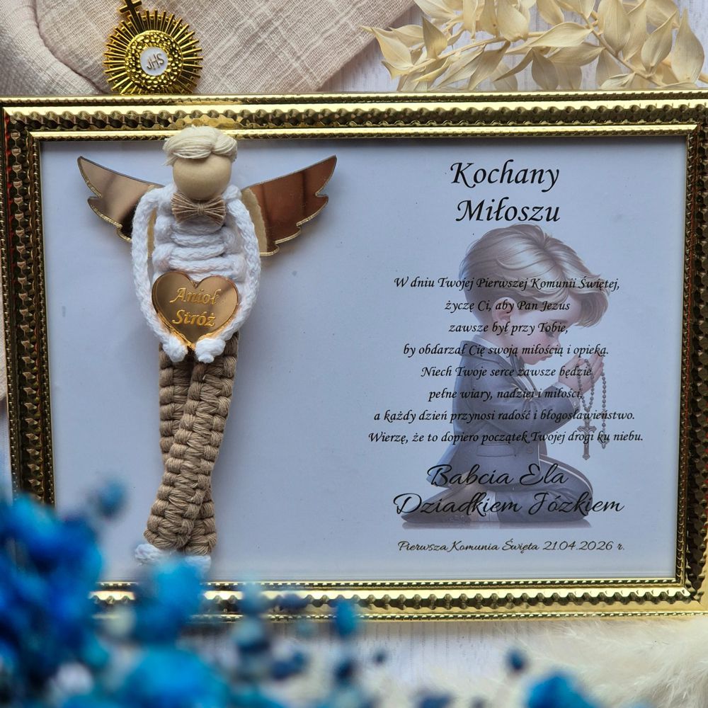 Anioł Stróż w złotej ramce – pamiątka na Komunię Świętą dla chłopca - obrazek 2