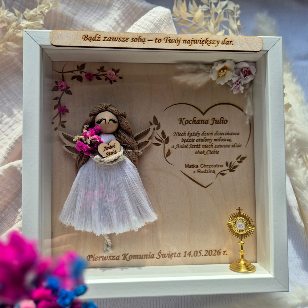 Anioł Stróż w ramce 3D z życzeniami – pamiątka na Komunię Świętą dla dziewczynki - obrazek 3