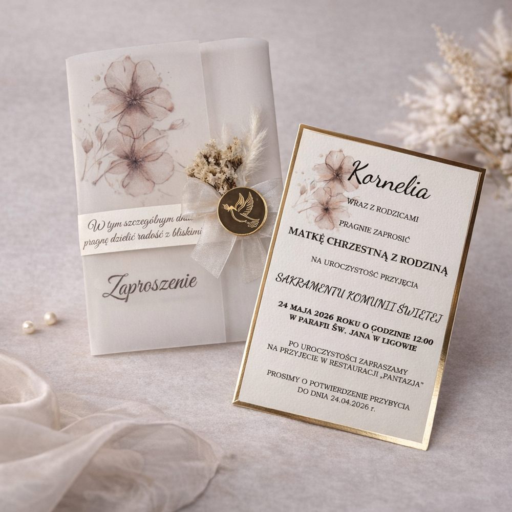 Zaproszenia komunijne personalizowane ręcznie robione z kalką i suszonymi kwiatami - obrazek 2