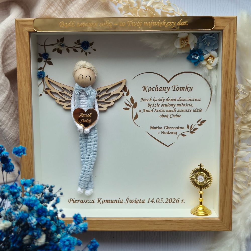 Anioł Stróż w ramce 3D z życzeniami – pamiątka na Komunię Świętą dla chłopca