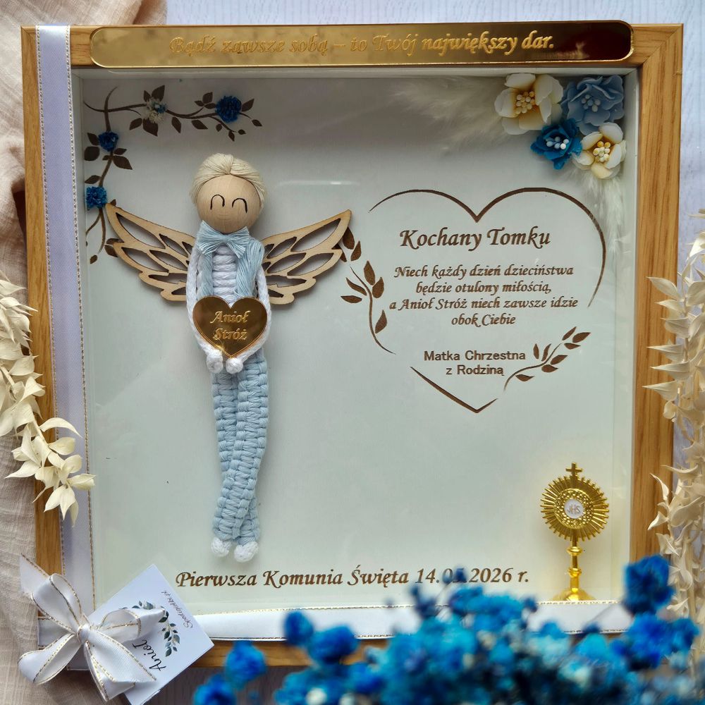 Anioł Stróż w ramce 3D z życzeniami – pamiątka na Komunię Świętą dla chłopca - obrazek 2