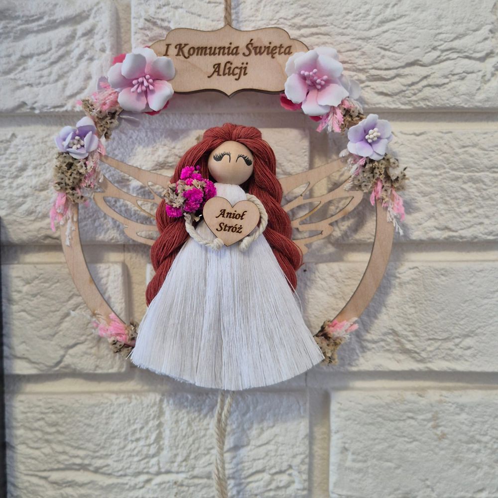 Anioł Stróż w kole z dedykacją – personalizowana pamiątka na Komunię Świętą dla dziewczynki - obrazek 2