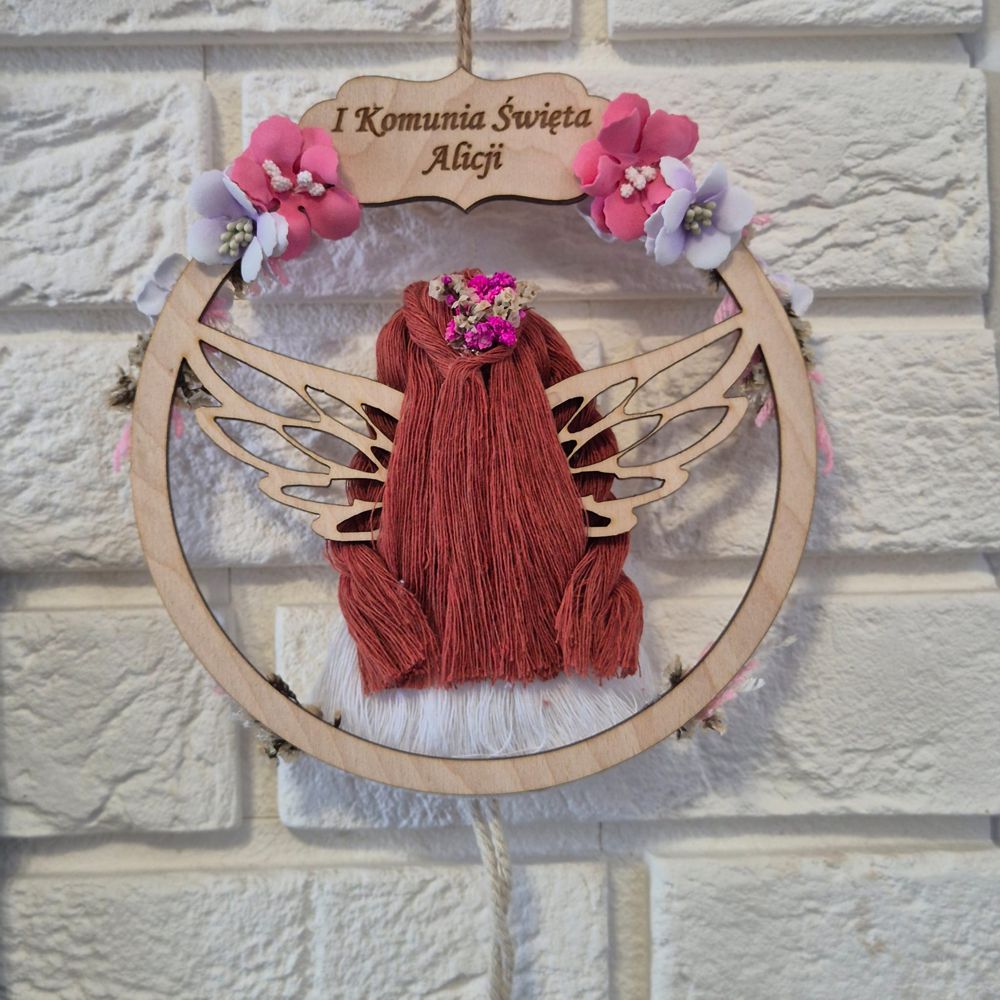 Anioł Stróż w kole z dedykacją – personalizowana pamiątka na Komunię Świętą dla dziewczynki - obrazek 3