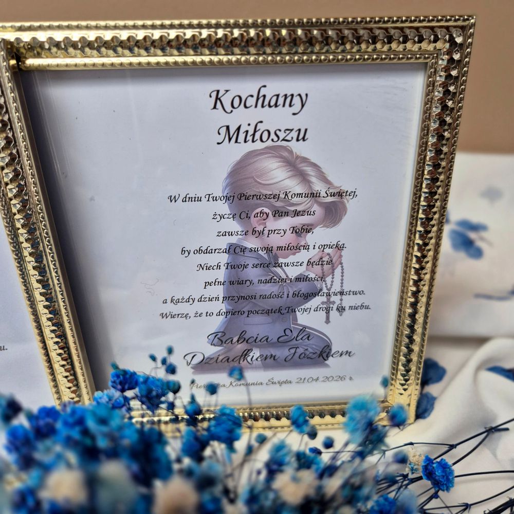 Anioł Stróż w złotej ramce – pamiątka na Komunię Świętą dla chłopca - obrazek 8
