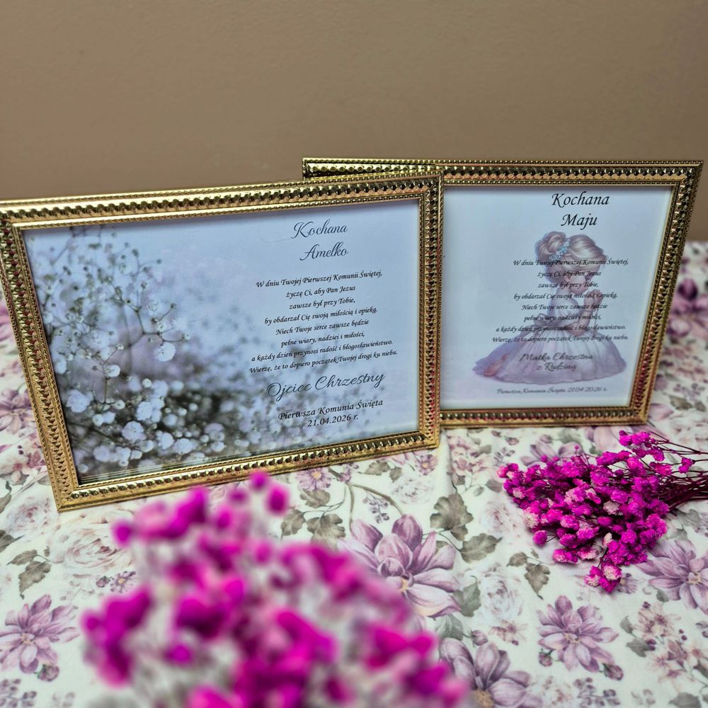 Aniołek na Komunię Świętą w złotej ramce - prezent z personalizacją - obrazek 4