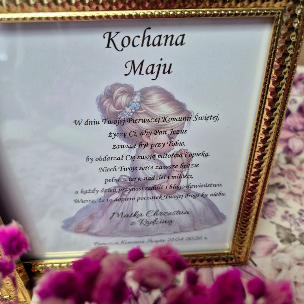 Aniołek na Komunię Świętą w złotej ramce - prezent z personalizacją - obrazek 6